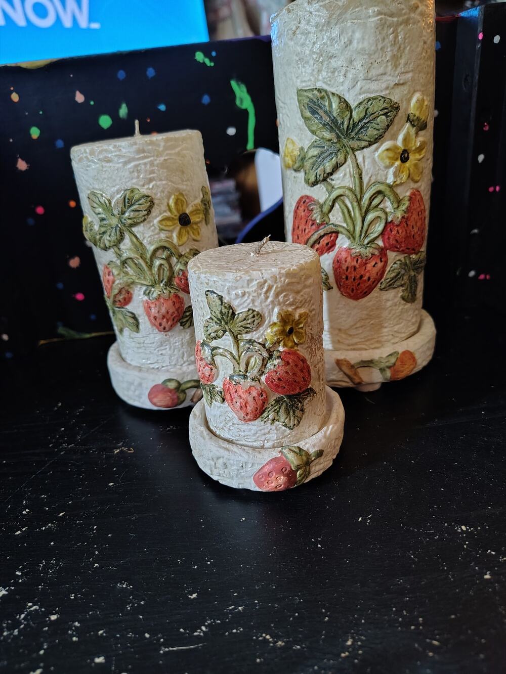 Retro Cottagecore Strawberry Kitchen Decor Textured Novelty Candles Set of 3